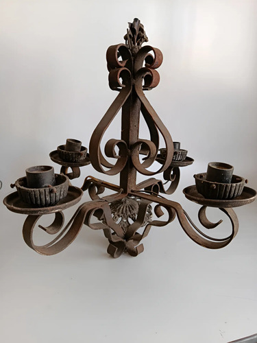 Lámpara Eléctrica Antigua En Forja, Con Candelabros