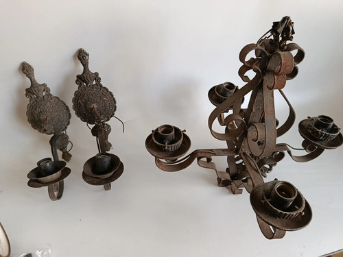 Lámpara Eléctrica Antigua En Forja, Con Candelabros - foto 3