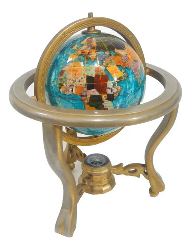 Globo Terráqueo Antiguo, Mapamundi Con Incrustes En Nácar Y Brújula