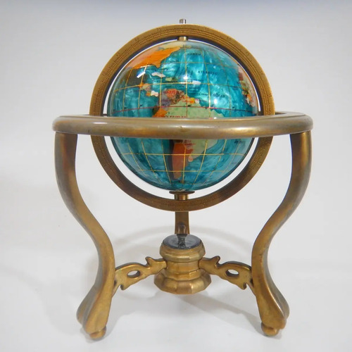Globo Terráqueo Antiguo, Mapamundi Con Incrustes En Nácar Y Brújula - foto 7