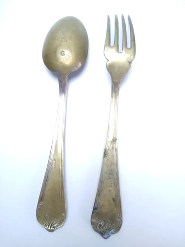 Cubiertos Antiguos En Bronce, Cuchara Y Tenedor