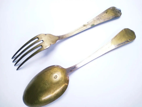 Cubiertos Antiguos En Bronce, Cuchara Y Tenedor - foto 5